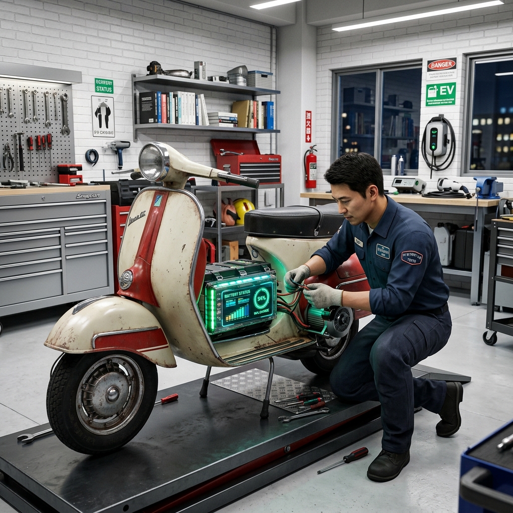 Technician retrofitting an electric motor and battery pack in a Vespa scooter
